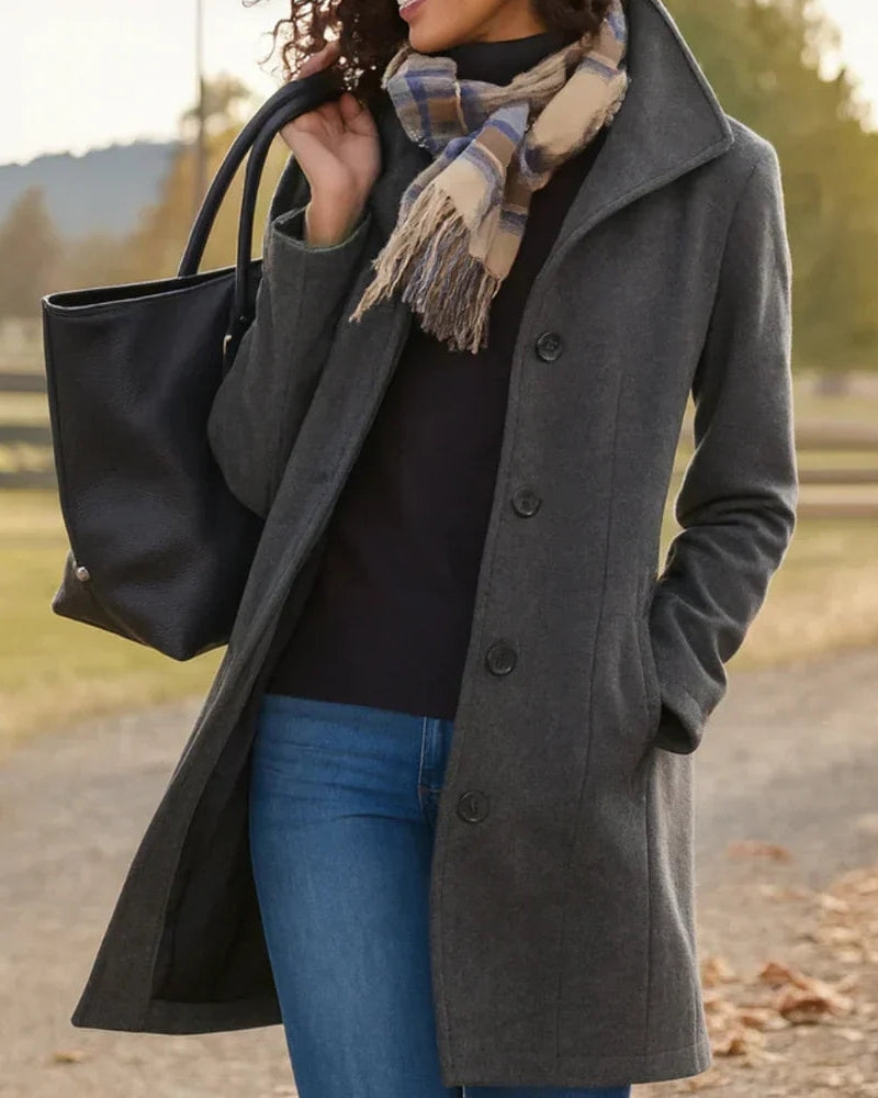 Damen Trenchcoat Klassisch Lang Wollschwarz