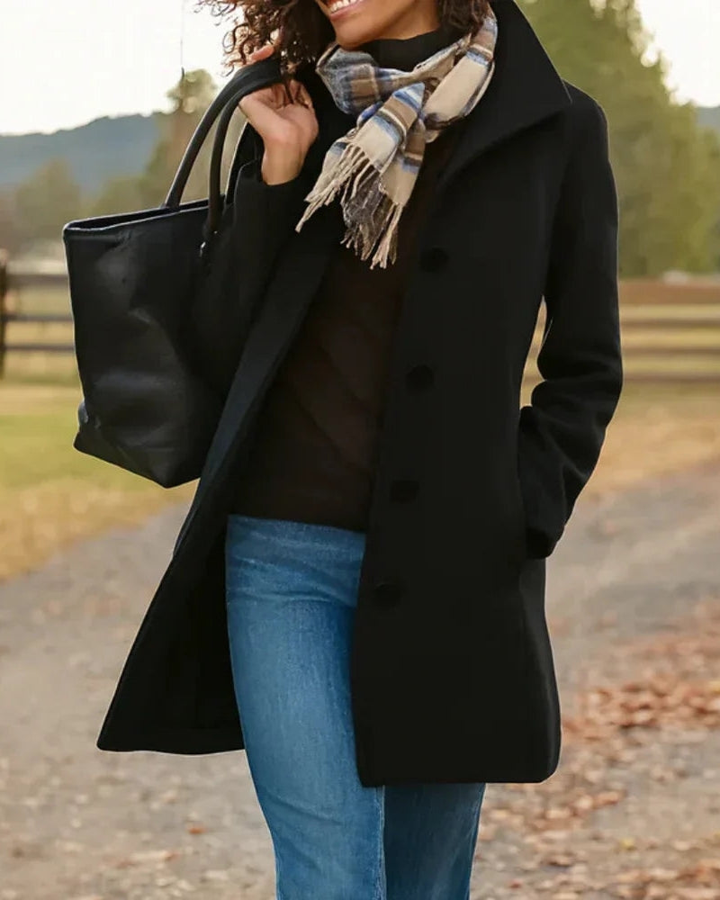 Damen Trenchcoat Klassisch Lang Wollschwarz