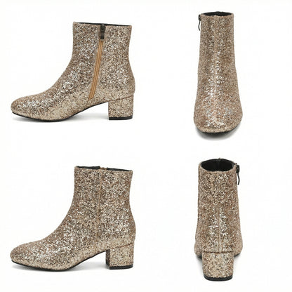 Norvielle Damen Glitzer-Ankle-Boots mit Blockabsatz