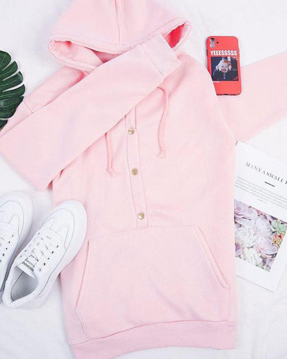Damen Hoodie mit Knopfleiste Kordelzug Kängurutaschen