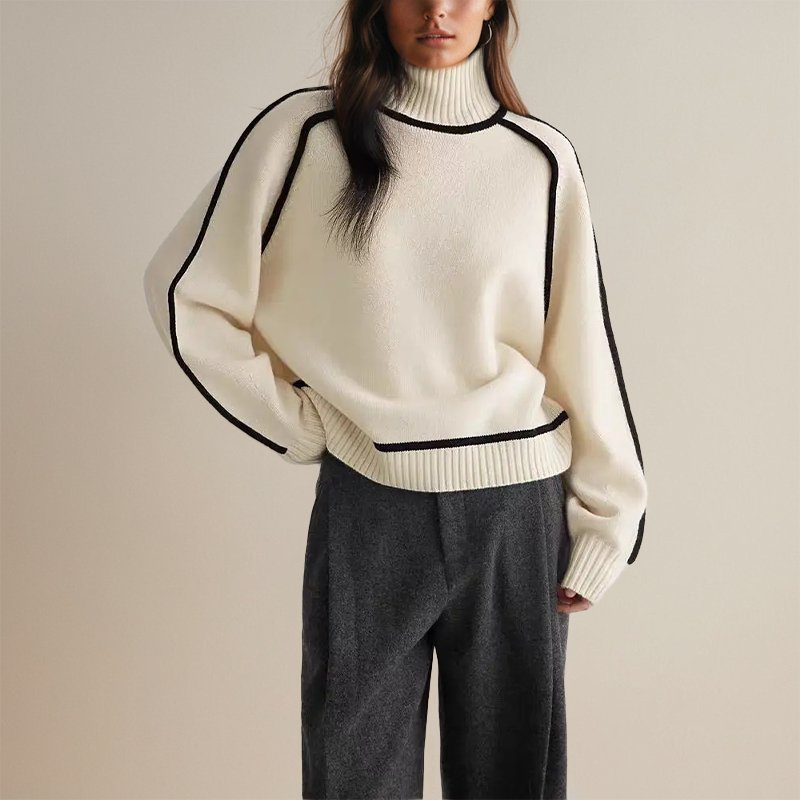 Damen Winter Rollkragenpullover Color Block Design
