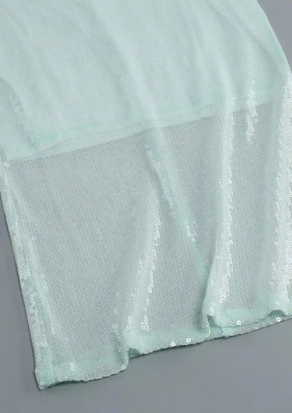 Mintgrünes Damenkleid mit Spitze und Glitzer Effekt, Langärmlig