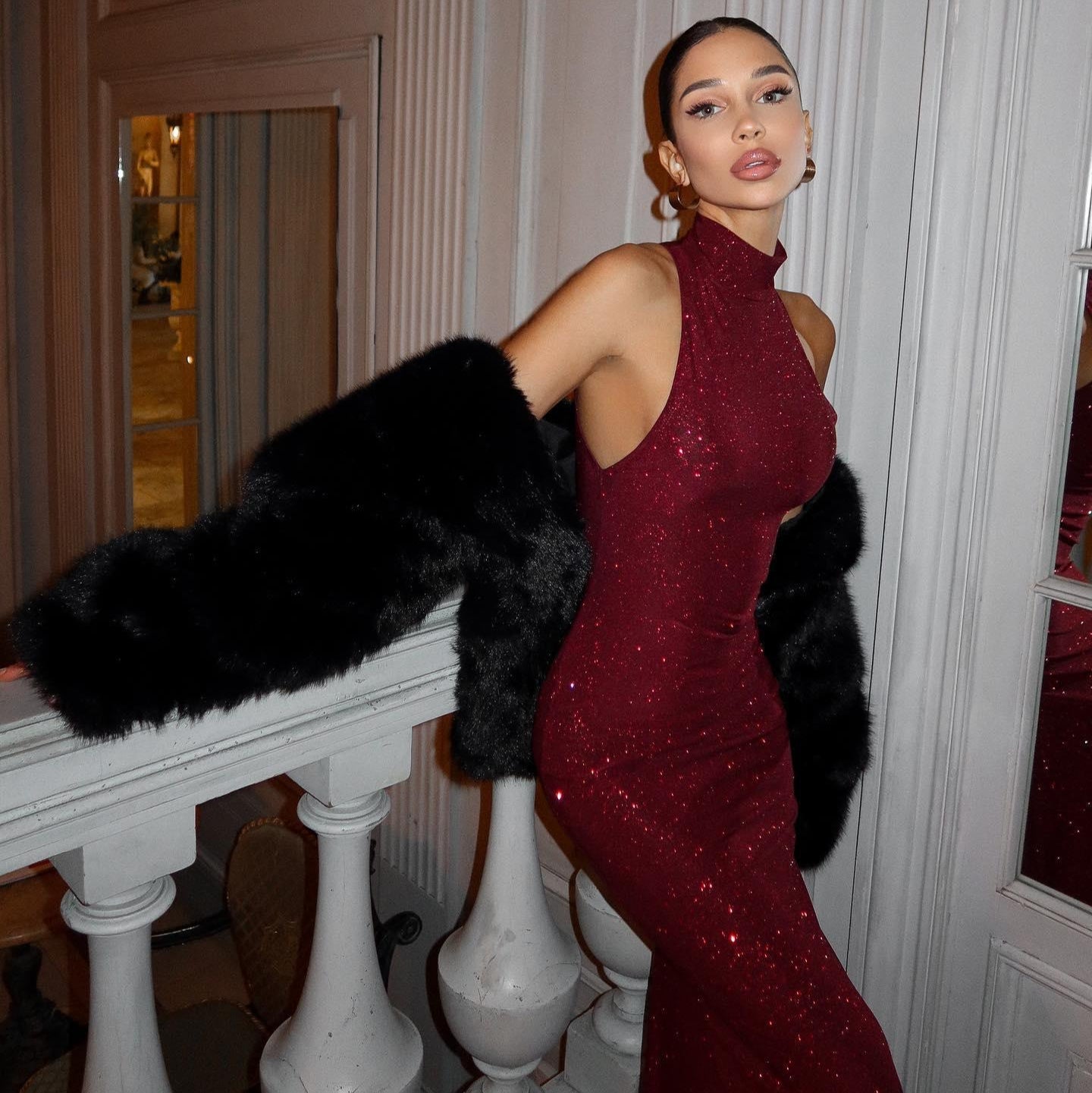 Damen Maxikleid Festlich Pailletten Rot