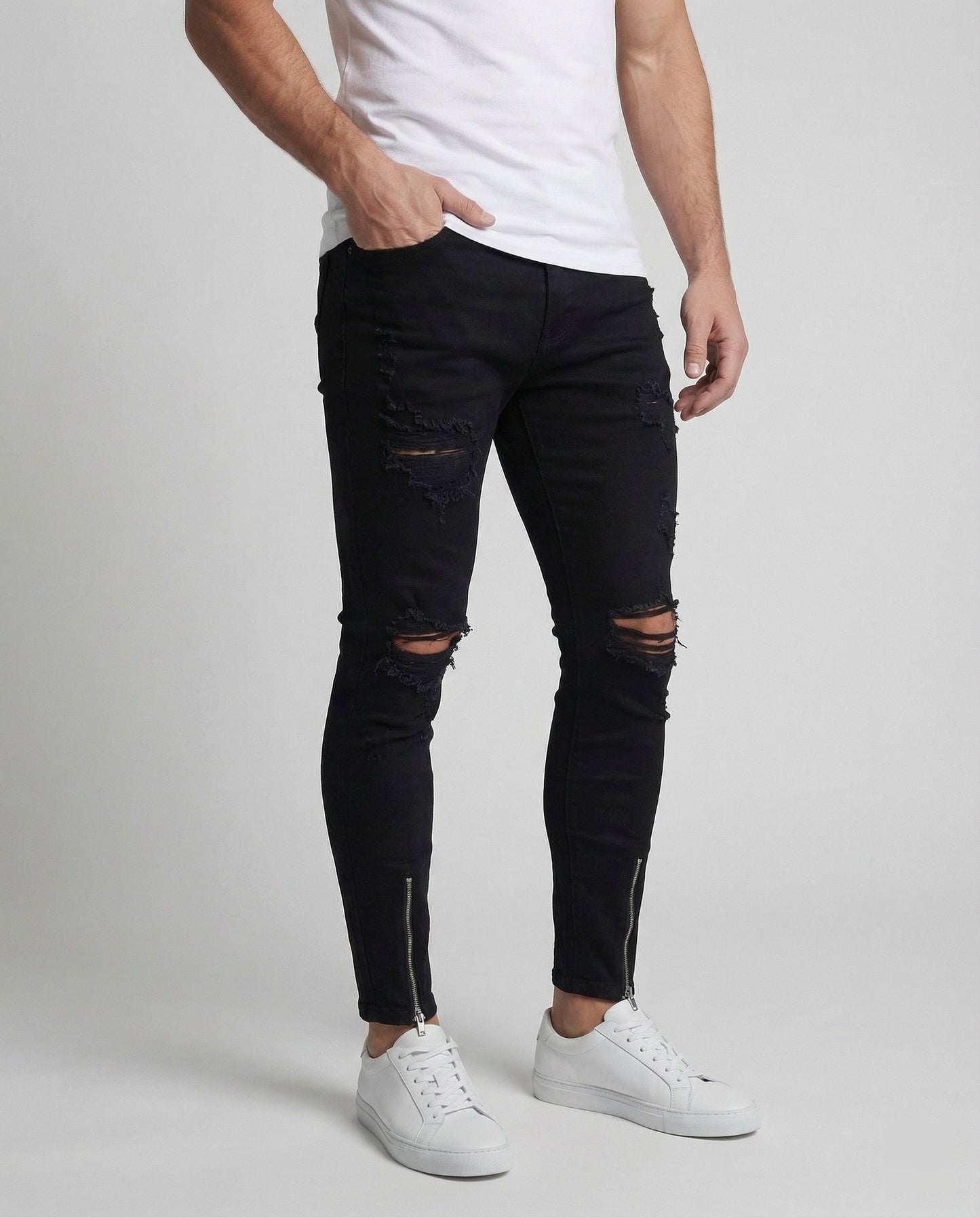 Herren Skinny Jeans Risse Reißverschluss