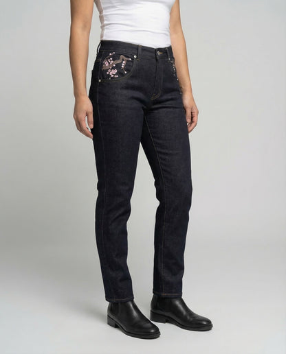 Damen High Waist Jeans mit Perlenstickerei