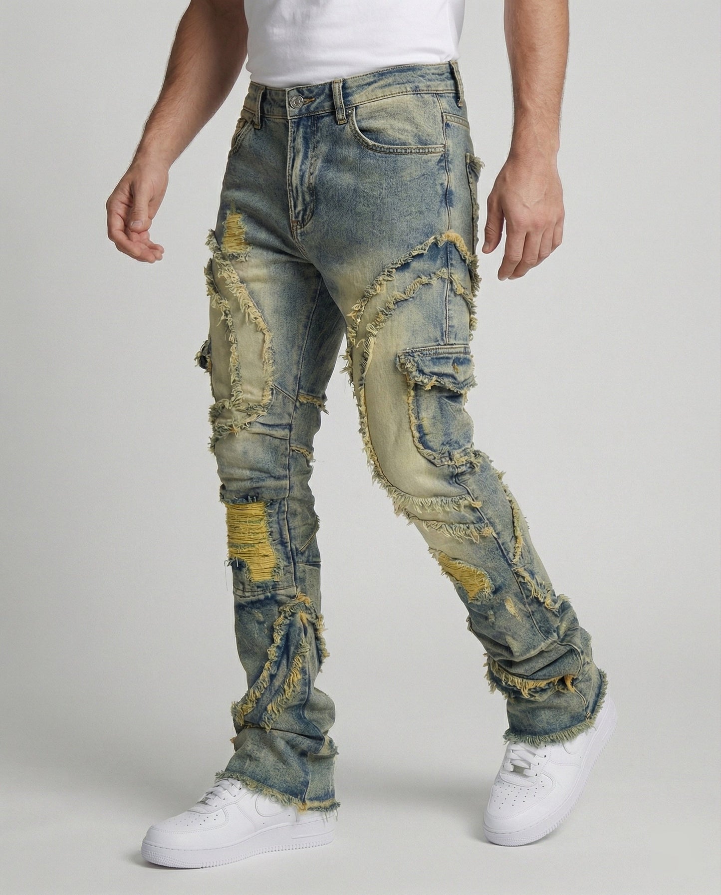 Herren Destroyed Jeans Cargotaschen Dunkelblau