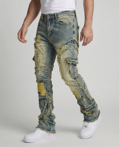 Herren Destroyed Jeans Cargotaschen Dunkelblau