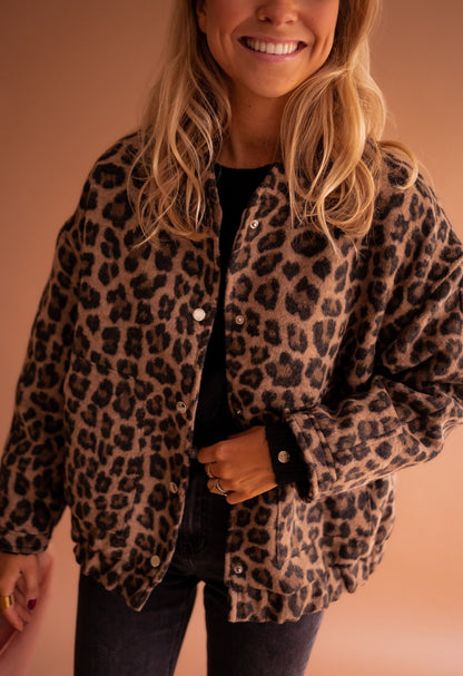 Damenjacke Leopardenmuster Knopfleiste Schwarz - Norvielle