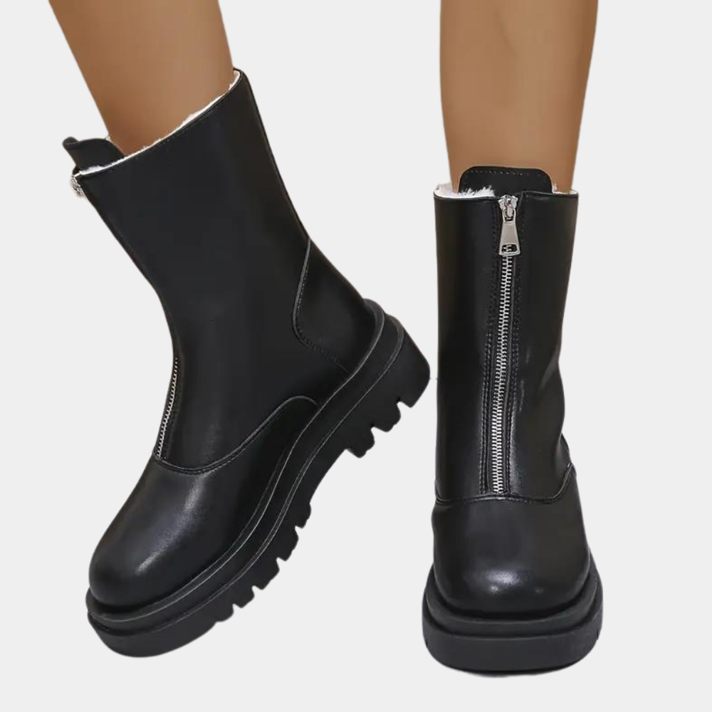 Damen Knöchelstiefel Lederlook Chunky-Sohle Seitenreißverschluss
