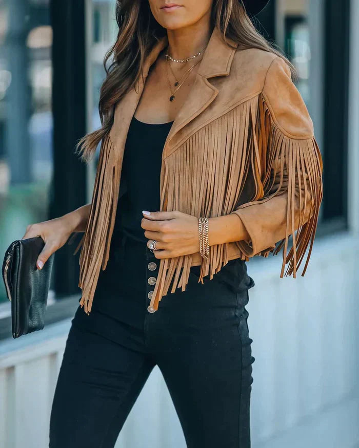 Fraya Fransenjacke Camel – Outfit mit Skinny Jeans
