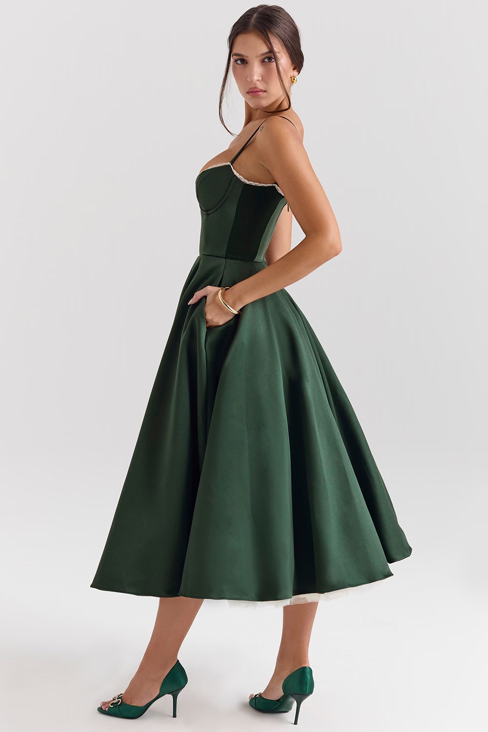 Elegantes Damen Midi-Kleid mit Korsett-Oberteil und Voluminösem Rock