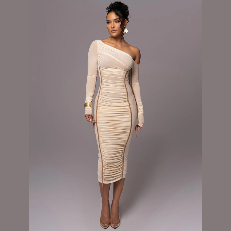 Madison Damen Midi Kleid Asymmetrischer Ausschnitt Figurbetont Schwarz - Norvielle