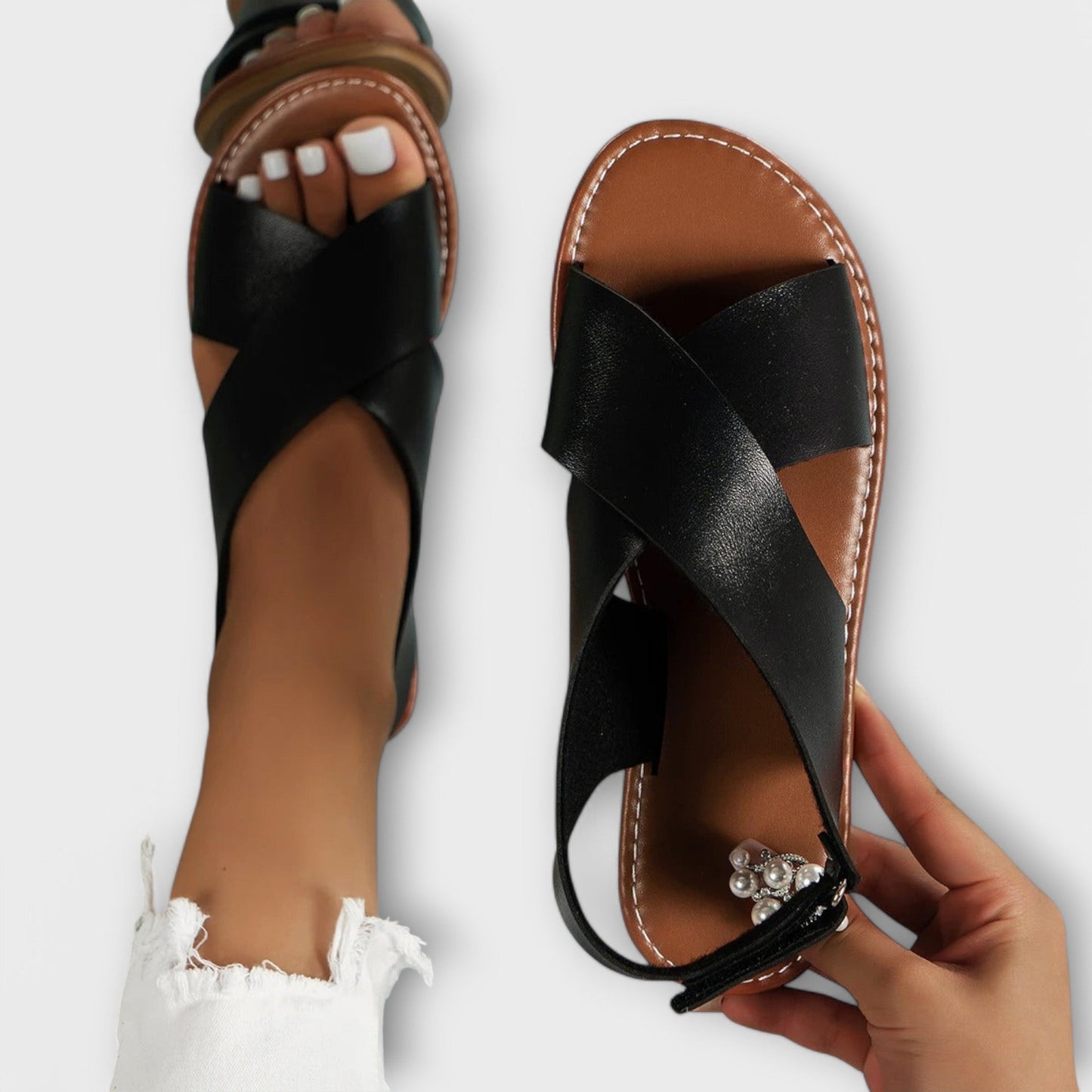 Damen Sandalen Schnalle Leder Schwarz - Norvielle