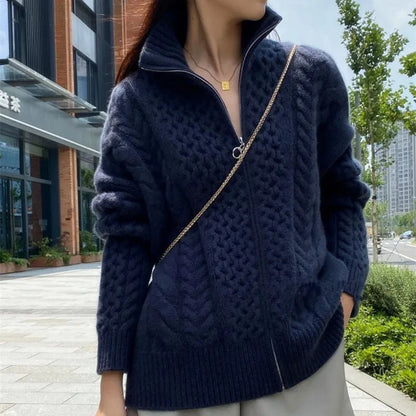 Kabelmaschen-Cardigan Damen Wollcardigan Beige