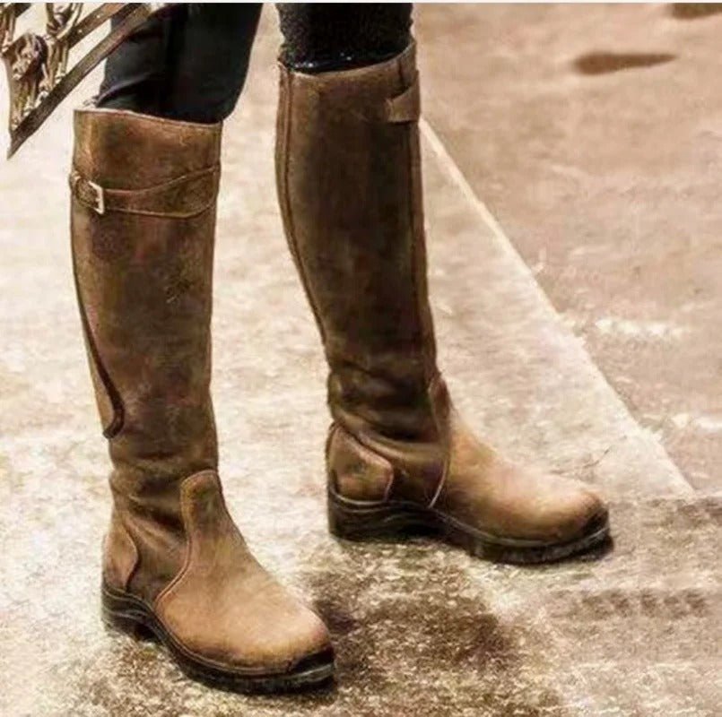 Kniehohe Damenstiefel Riemendetail Leder