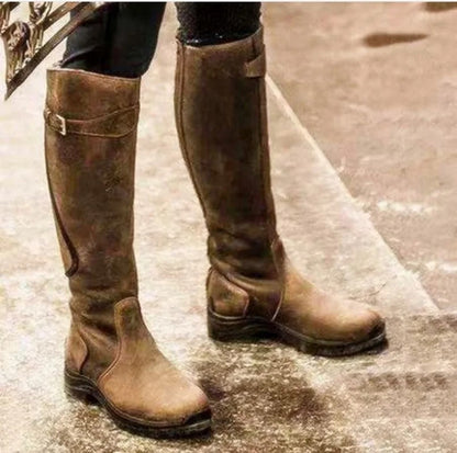 Kniehohe Damenstiefel Riemendetail Leder