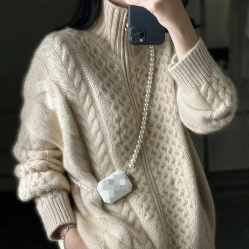 Kabelmaschen-Cardigan Damen Wollcardigan Beige