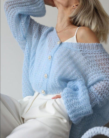 Hellblaue Damen Strickjacke Perlenknöpfe - Norvielle