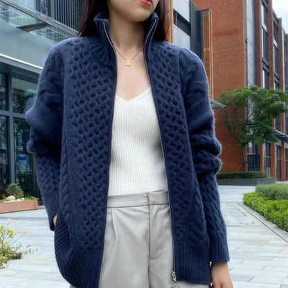 Kabelmaschen-Cardigan Damen Wollcardigan Beige