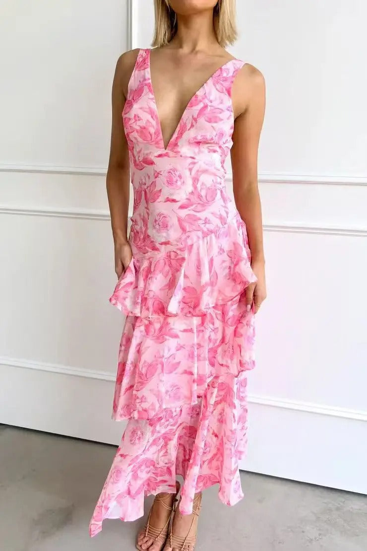 Emilia Damen Geblümtes Maxikleid Stufen-Schnitt
