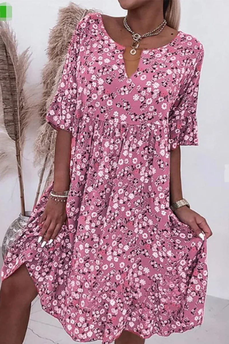 Damen Sommerkleid Blumendruck Baumwolle Leicht Rosa - Norvielle