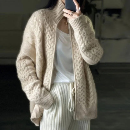 Kabelmaschen-Cardigan Damen Wollcardigan Beige