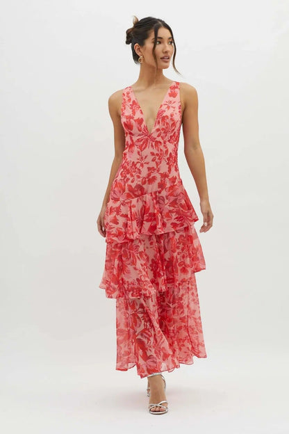 Cany Damen Maxikleid Blumenmuster V-Ausschnitt Stufenrock