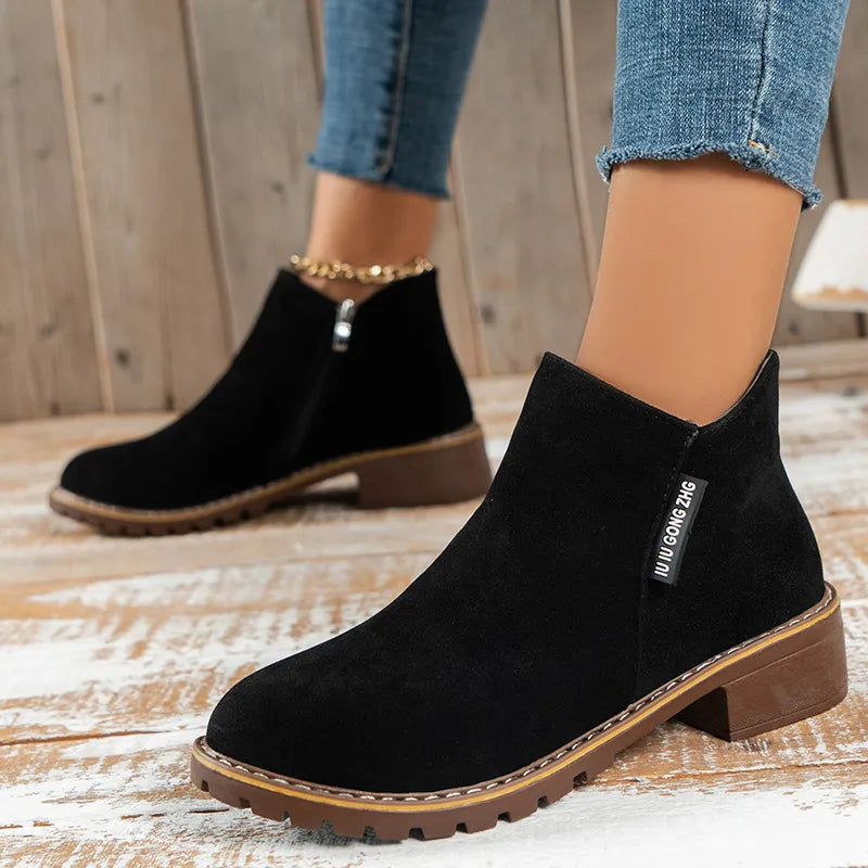 Damen Winterstiefel Blockabsatz Stiefeletten Schwarz Reißverschluss - Norvielle