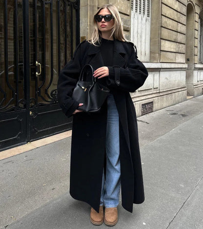 Damen Wintermantel Lang Oversized Wärme Schwarz - Norvielle