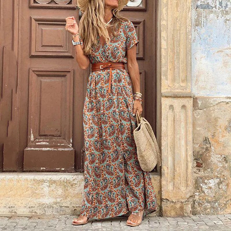 Damen Maxi-Kleid Boho-Stil Paisley Muster Gürtel - Norvielle