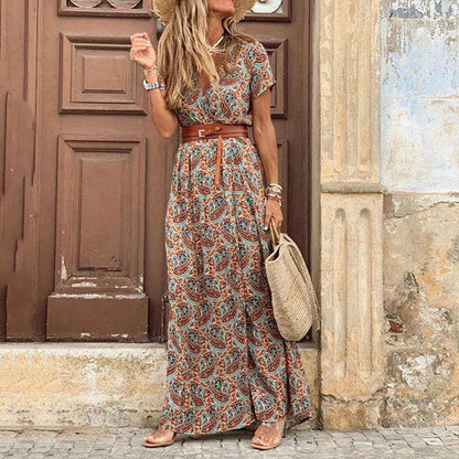 Damen Maxi-Kleid Boho-Stil Paisley Muster Gürtel - Norvielle