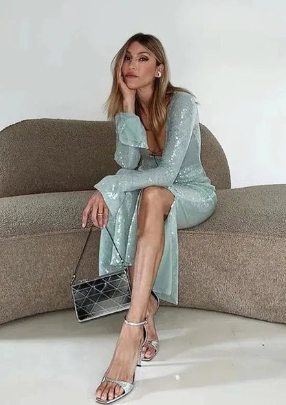 Mintgrünes Damenkleid mit Spitze und Langen Ärmeln Glitzer