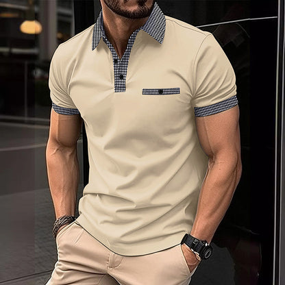 Herren Polohemd Karo-Kragen Taschen Baumwolle -Weiß