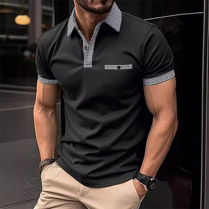 Herren Polohemd Karo-Kragen Taschen Baumwolle -Weiß