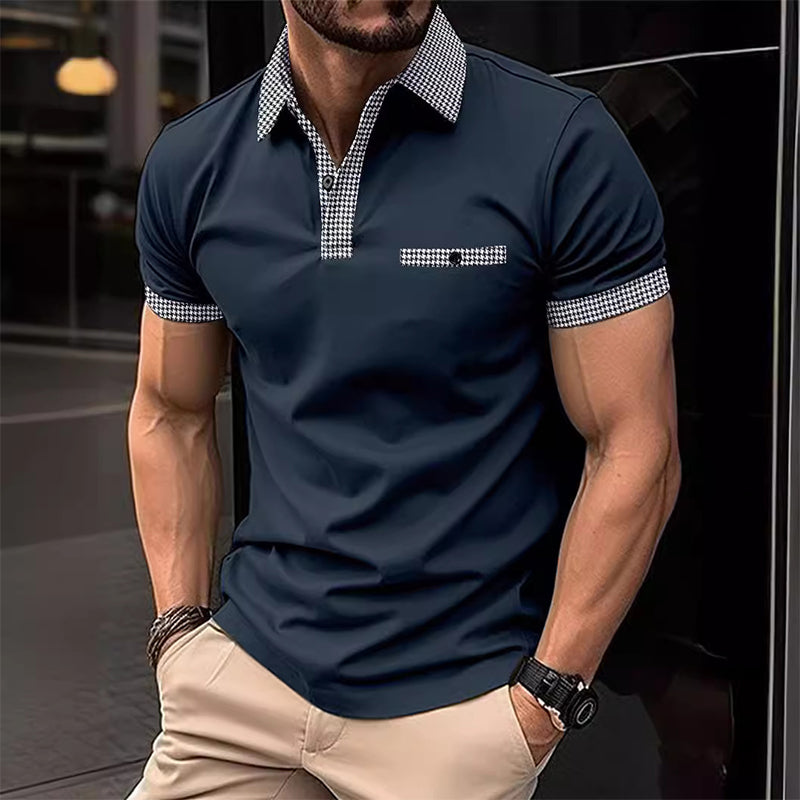 Herren Polohemd Karo-Kragen Taschen Baumwolle -Weiß