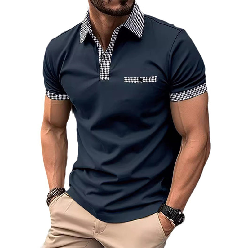 Herren Polohemd Karo-Kragen Taschen Baumwolle Blau-Weiß - Norvielle