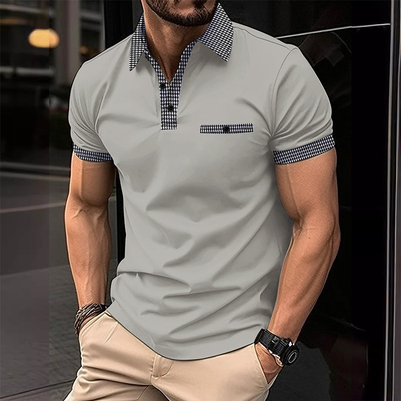 Herren Polohemd Karo-Kragen Taschen Baumwolle -Weiß