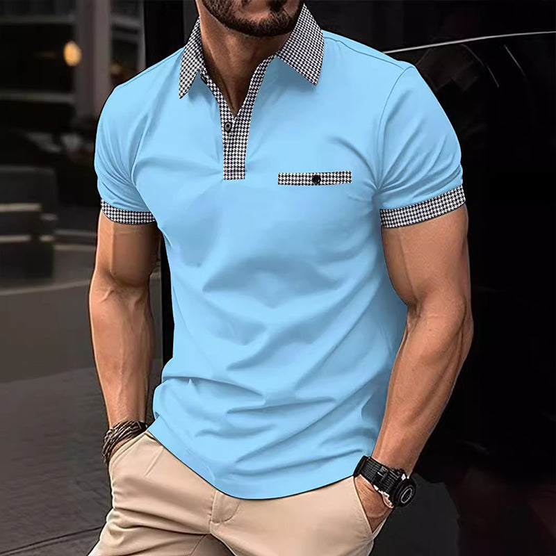Herren Polohemd Karo-Kragen Taschen Baumwolle -Weiß