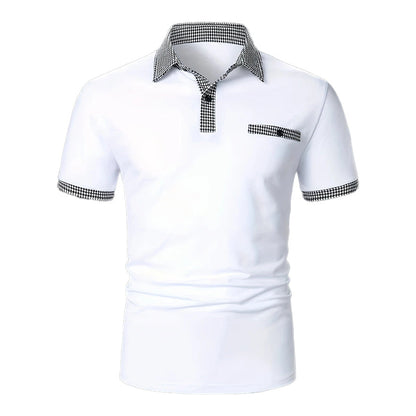 Herren Polohemd Karo-Kragen Taschen Baumwolle -Weiß