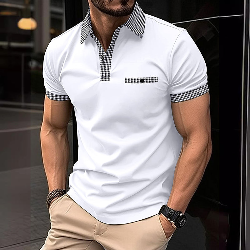 Herren Polohemd Karo-Kragen Taschen Baumwolle -Weiß