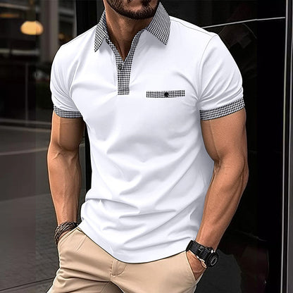 Herren Polohemd Karo-Kragen Taschen Baumwolle -Weiß