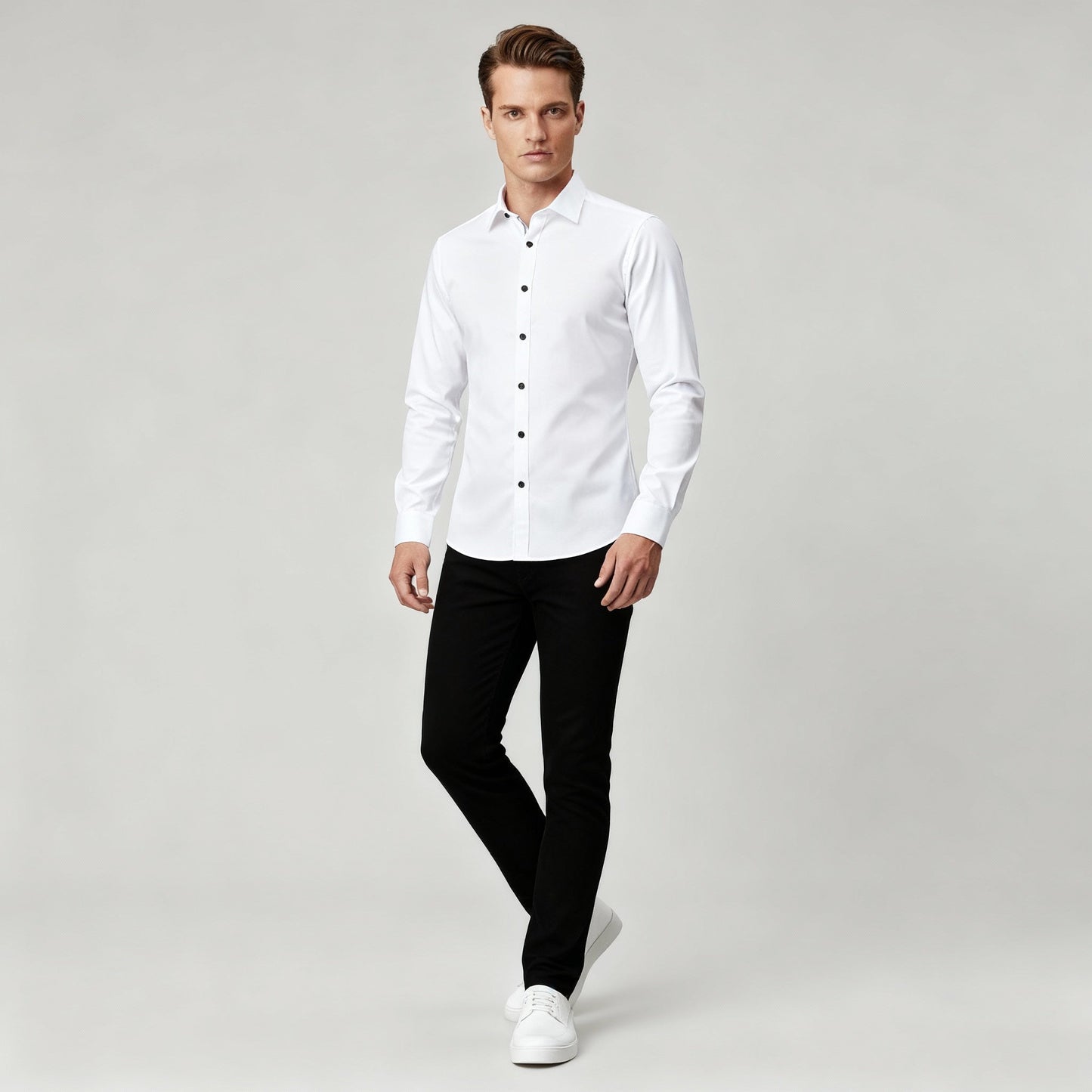 Herren Slim Fit Hemd Knopfleiste Weiss