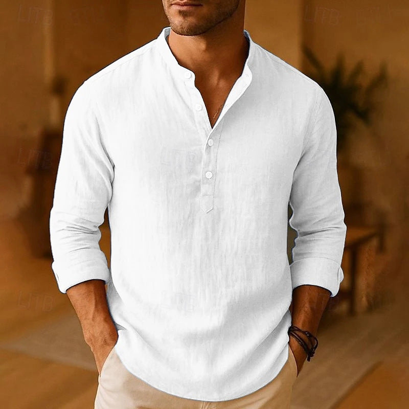 Herren Langarmshirt Knopfkragen Baumwolle Weiß