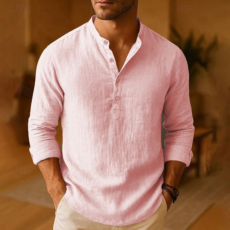 Herren Langarmshirt Knopfkragen Baumwolle Weiß
