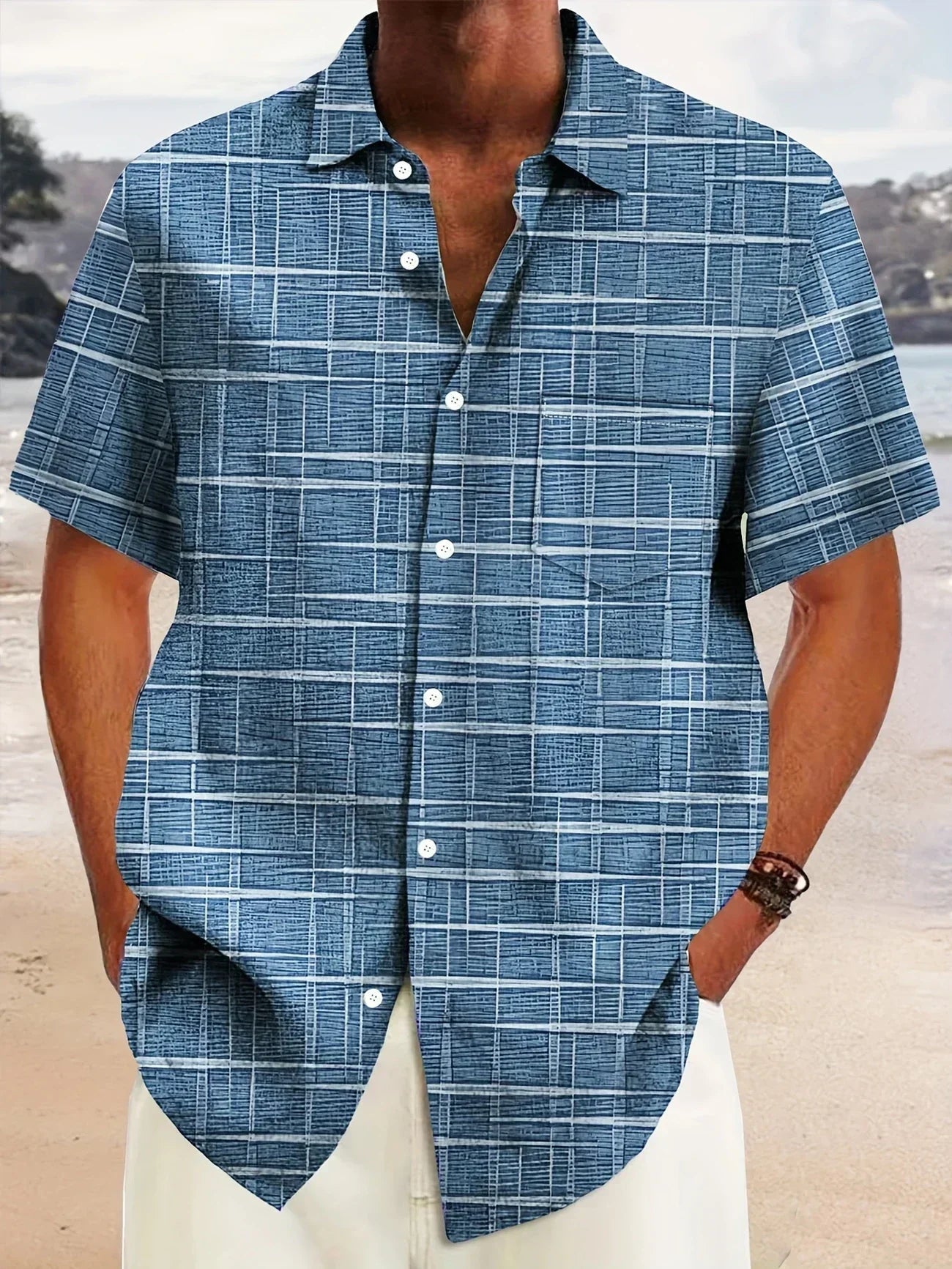 Herren Freizeitshirt Kurzarm Muster Knopfweiß
