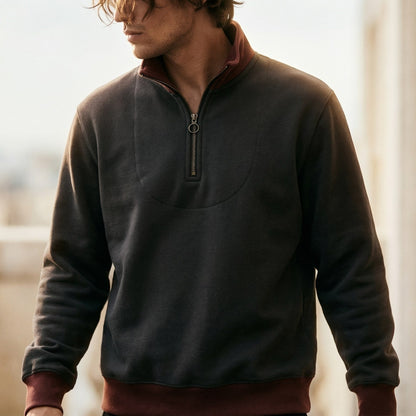 Herren Pullover Kontrastbesatz Halbzippverschluss
