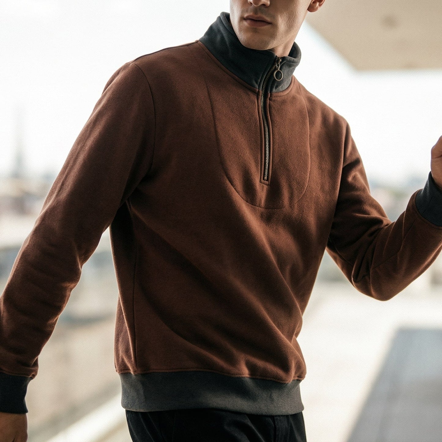 Herren Pullover Kontrastbesatz Halbzippverschluss