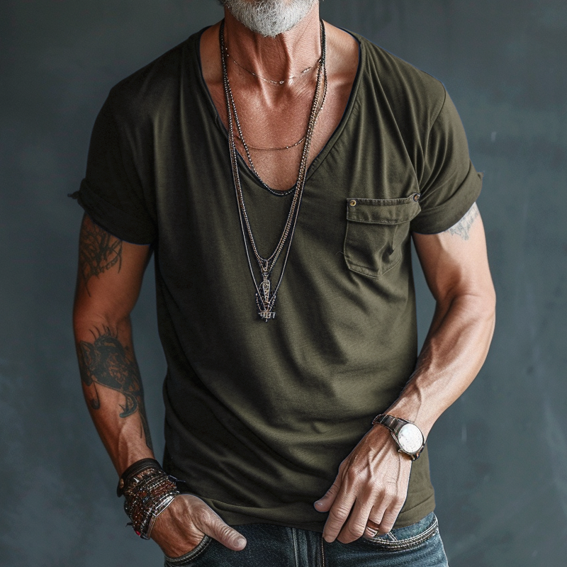 Herren T-Shirt Rundhalsausschnitt Taschen Weiß