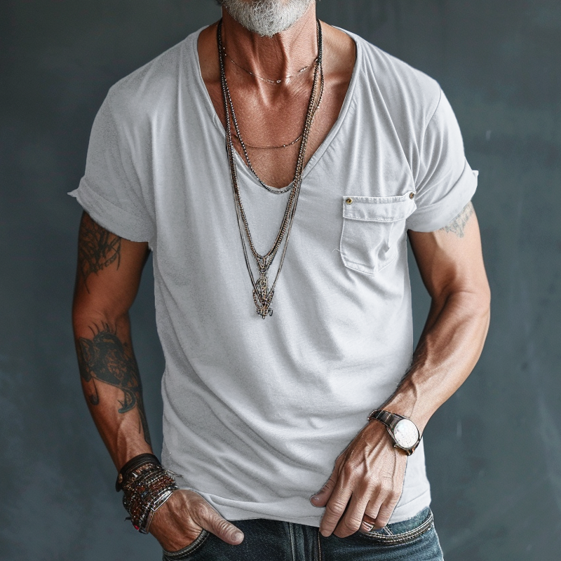 Herren T-Shirt Rundhalsausschnitt Taschen Weiß