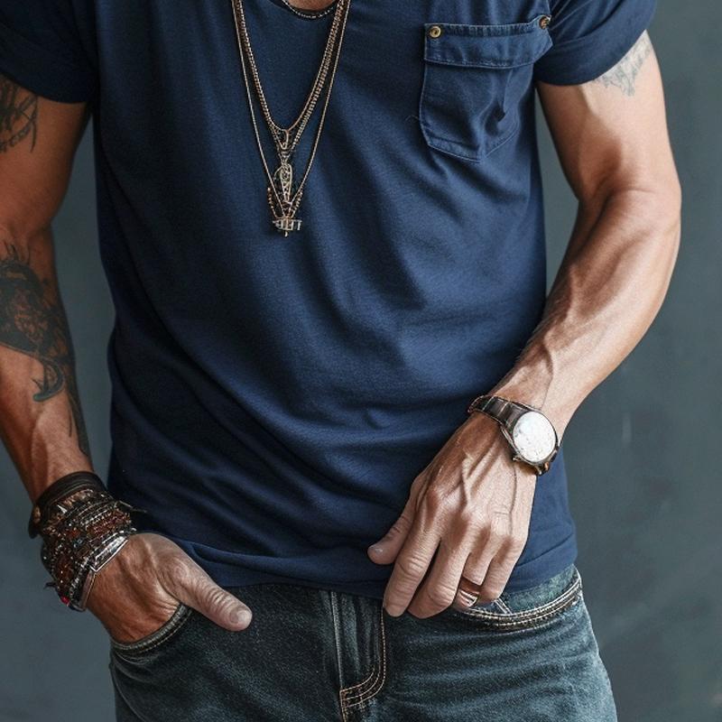 Herren T-Shirt Rundhalsausschnitt Taschen Weiß